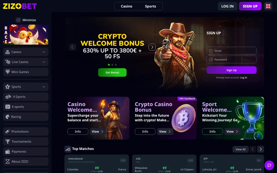 Zizobet Casino desktop view