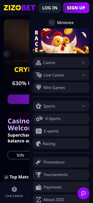 Zizobet Casino mobile view